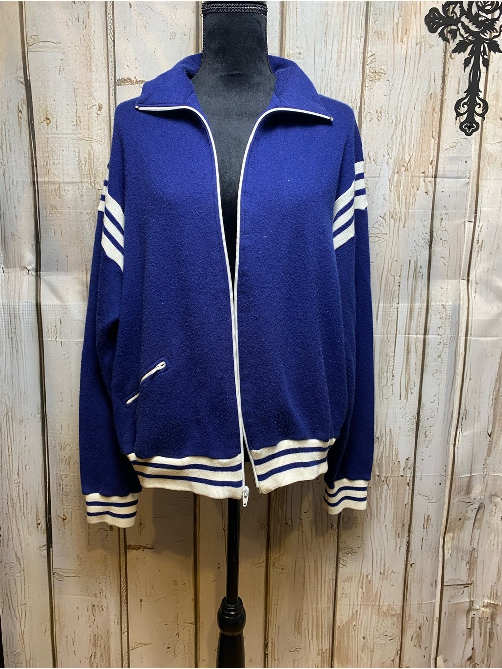 90’s Style Classic Navy Men's Track-Style Zip Jacket- White Stripe Trim Sz-XL